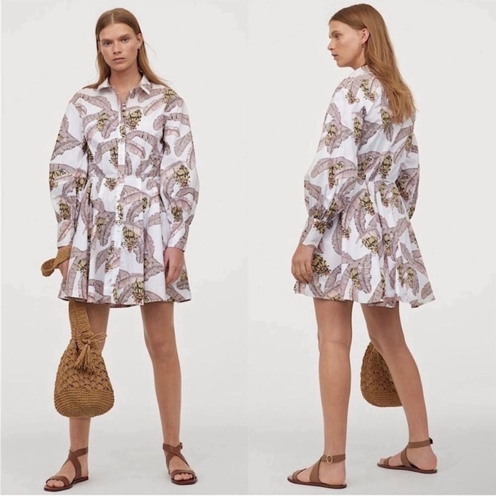 Desmond & Dempsey x H&M Banana leaf Pink Balloon Sleeve Shirt Dress cotton XS